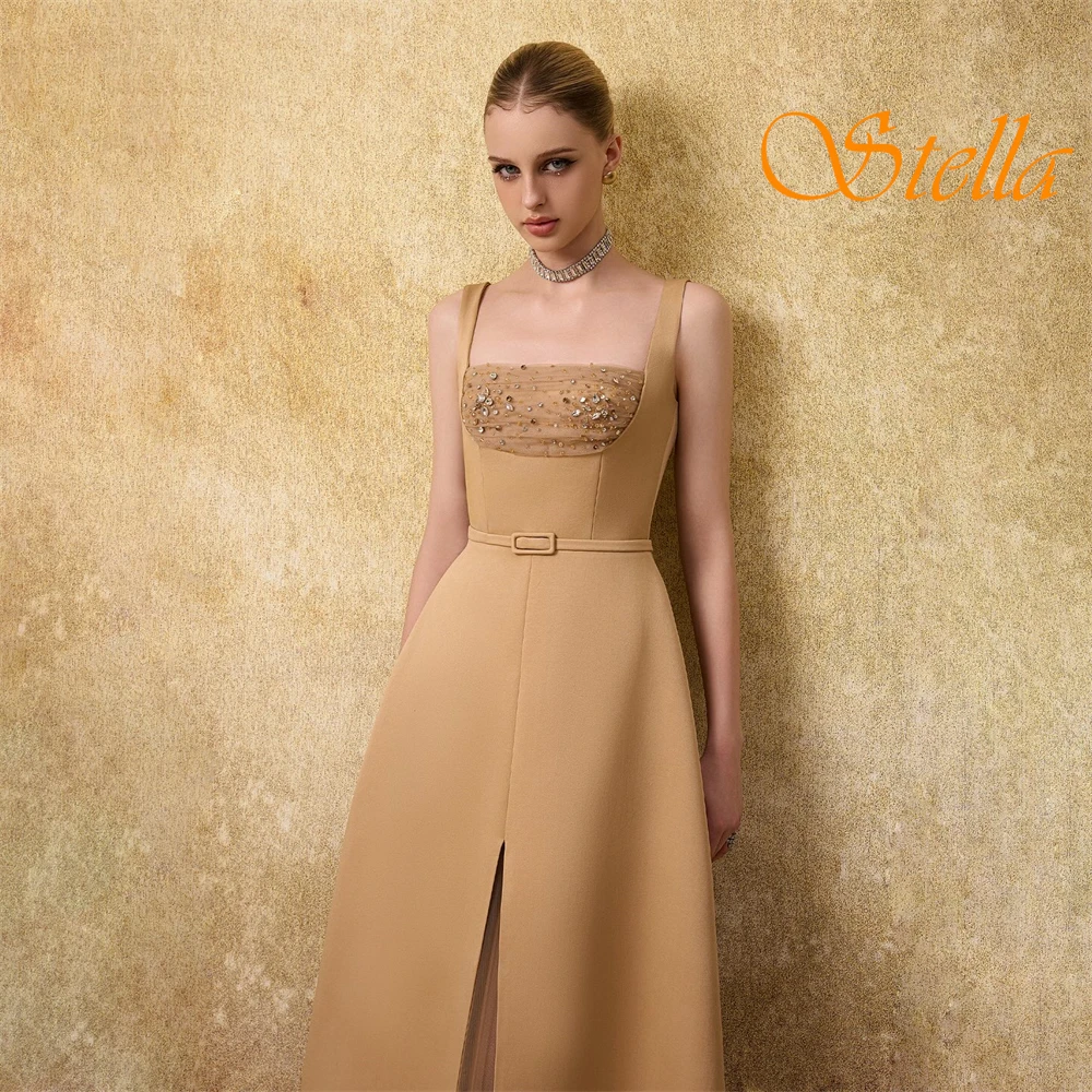 Abito da sera senza maniche classico personalizzato con colletto quadrato Temperamento Abiti da ballo in raso Abiti da ritorno a casa in cristallo delicato