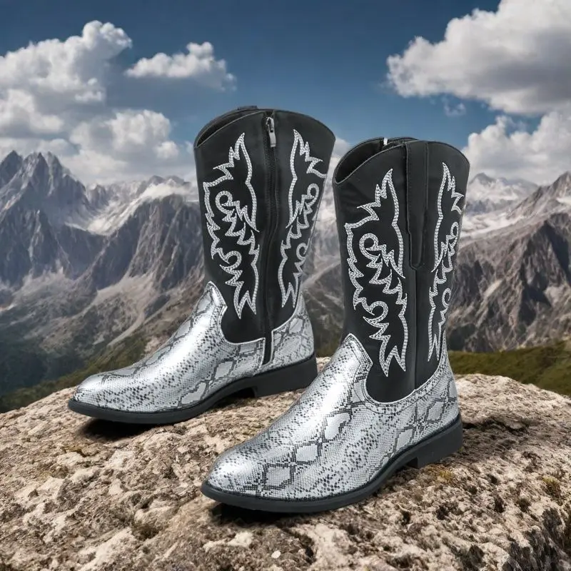 

Men High Top Boots PU Patchwork Embroidery Trend Denim Boots Sizes 38-46