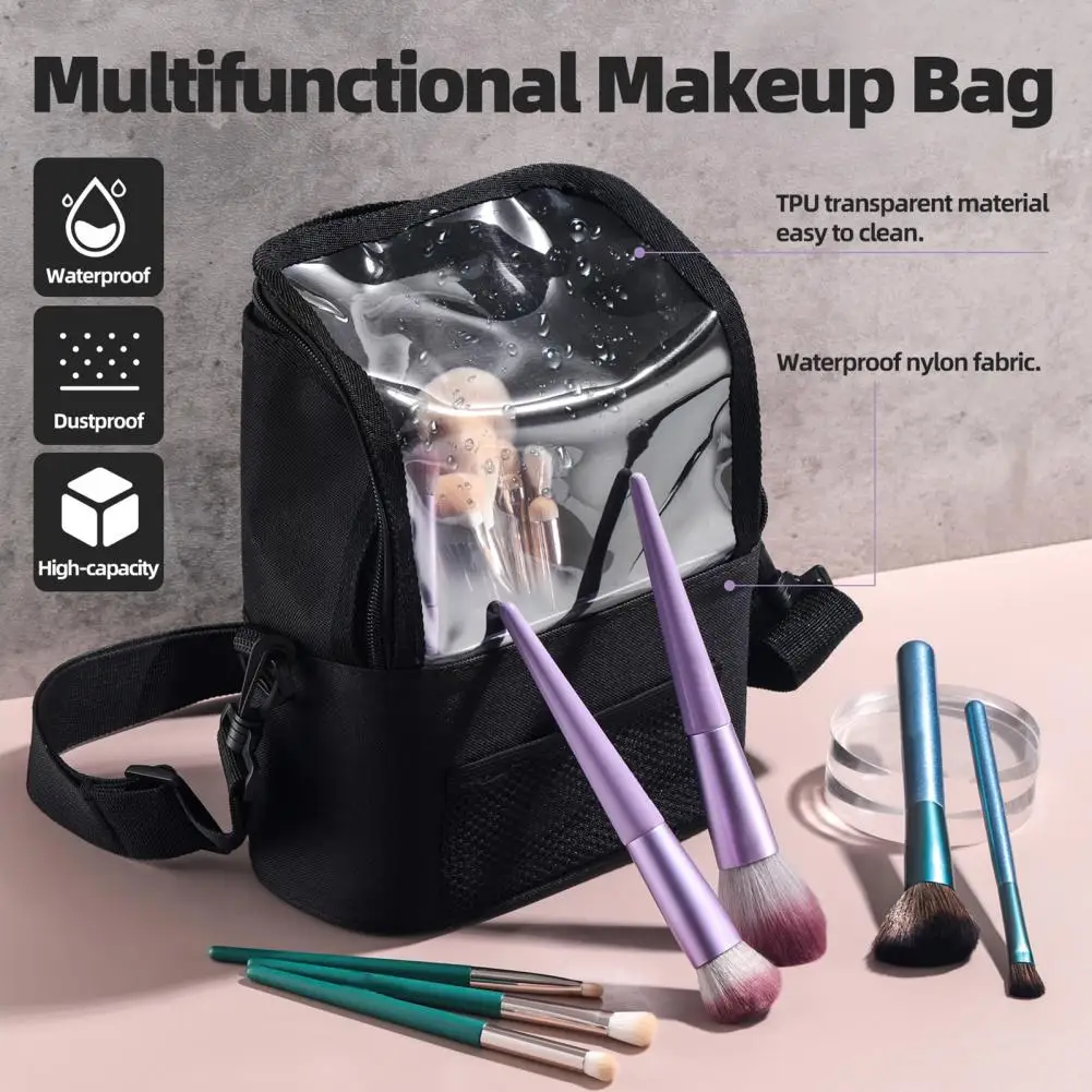 Cosmetic Bag Capacity Professional Makeup Artist Bag with Adjustable Belt Shoulder Strap Transparent Window for Makeup Brushes