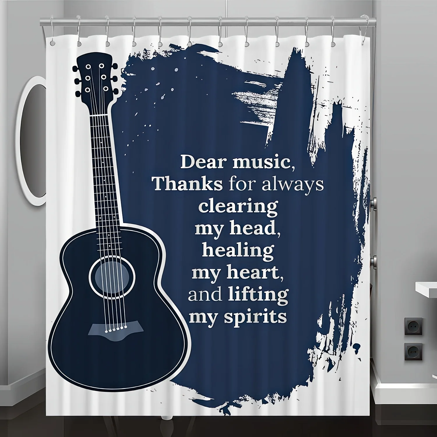 

1 шт., музыкальная гитара с цитатой, занавеска для душа с цифровым принтом, украшение для ванной комнаты, домашний декор, подарочные крючки, можно стирать в машине