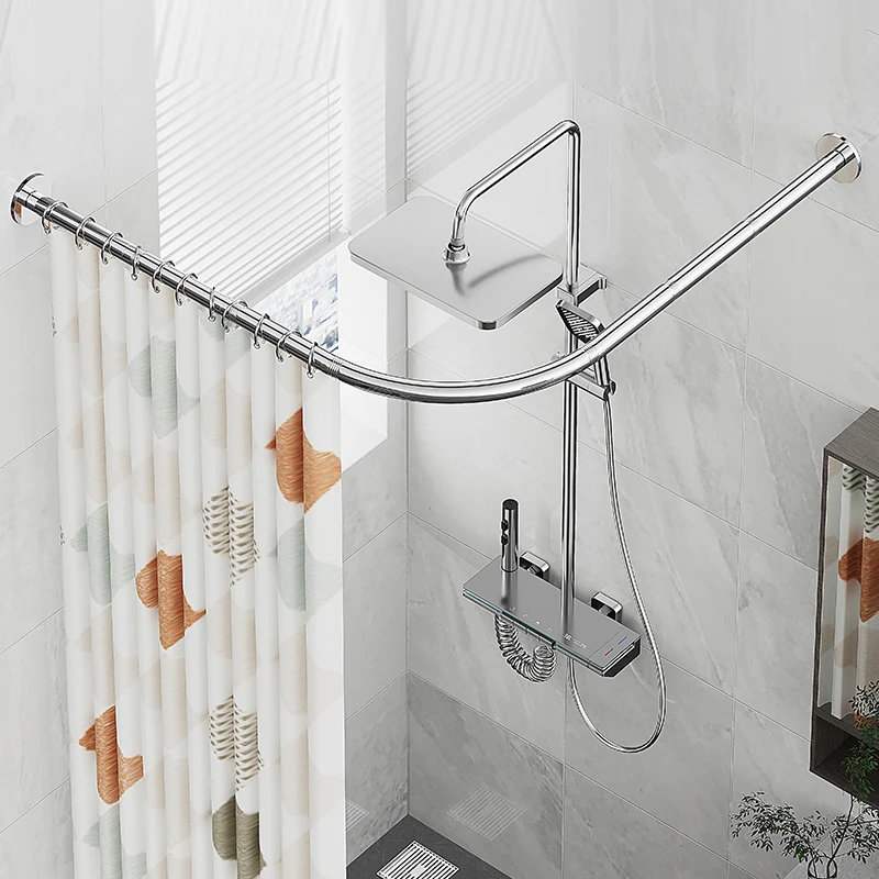 Adjustable Curved Shower Curtain Rod Retractable Metal Tension Rod Stainless Steel L-shaped Bathroom Shower Rail for Corner Bath