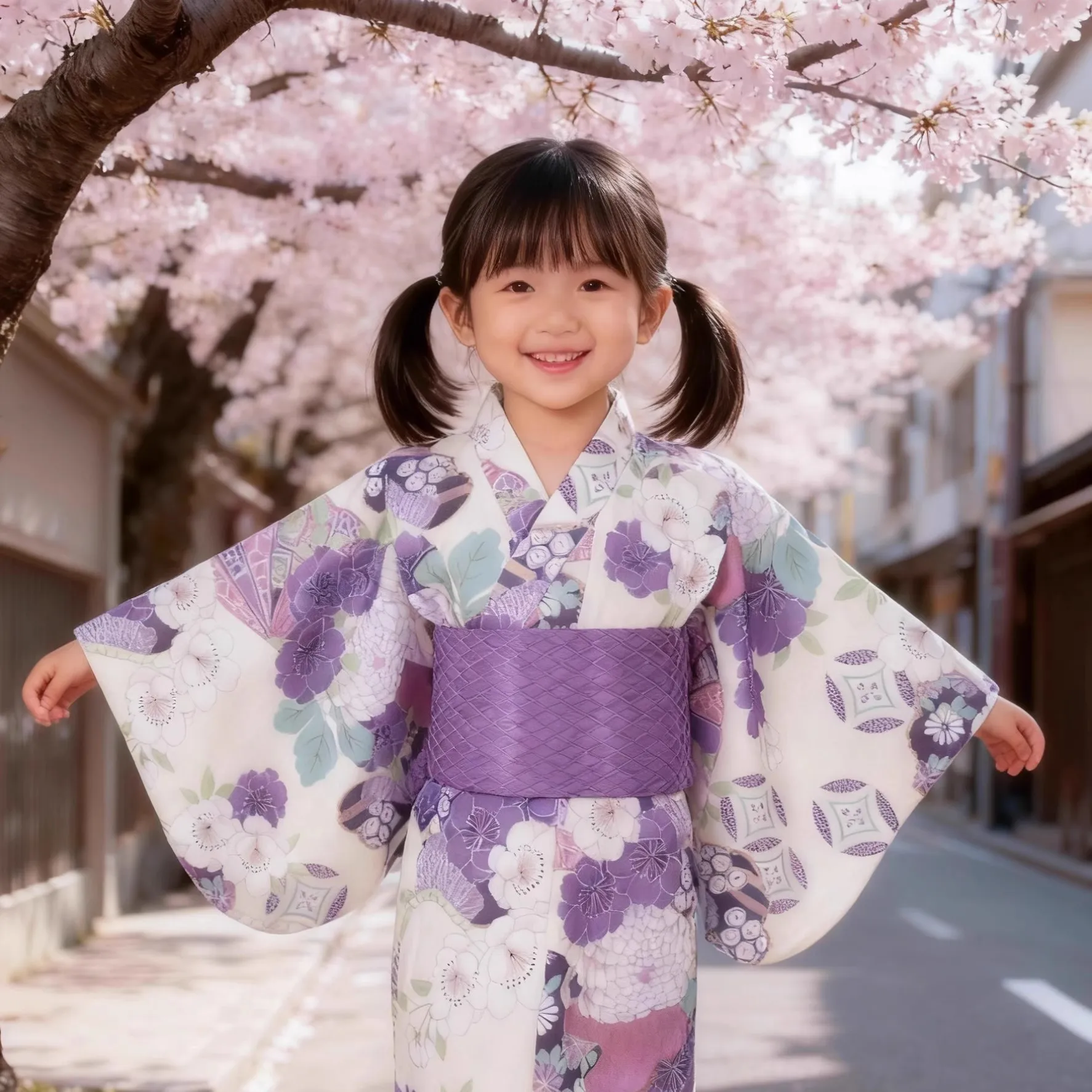 

Kids Japanese Traditional Kimono with Obi Girls Purple Floral Prints Yukata Cosplay Costume Stage Performance Dress