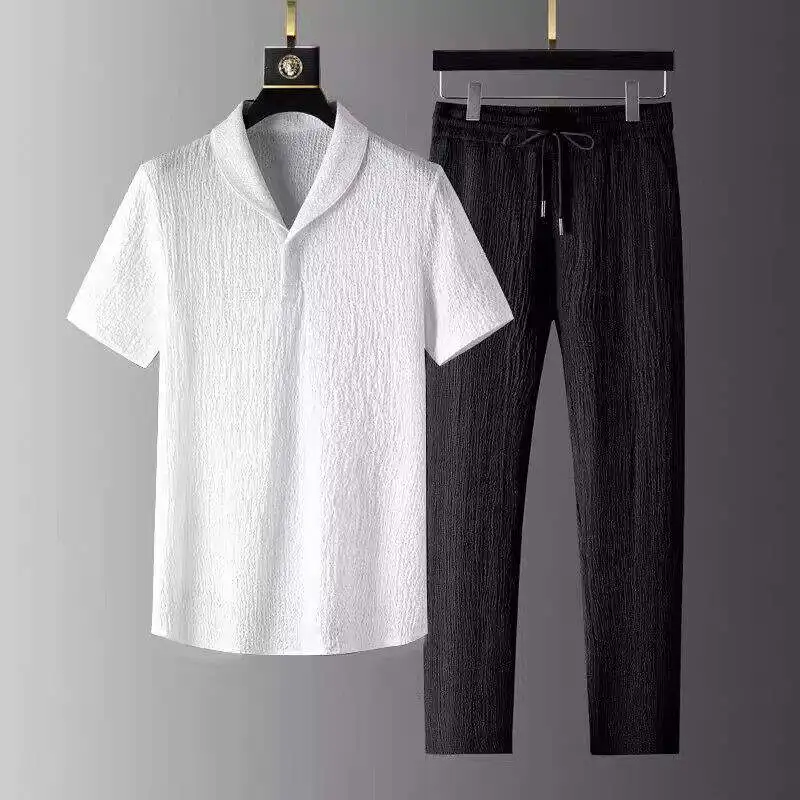 

Ice Silk Casual Sporty Short Sleeve T-Shirt And Long Pants Two-Piece Set for Men Breathable Lightweight Summer Wear
