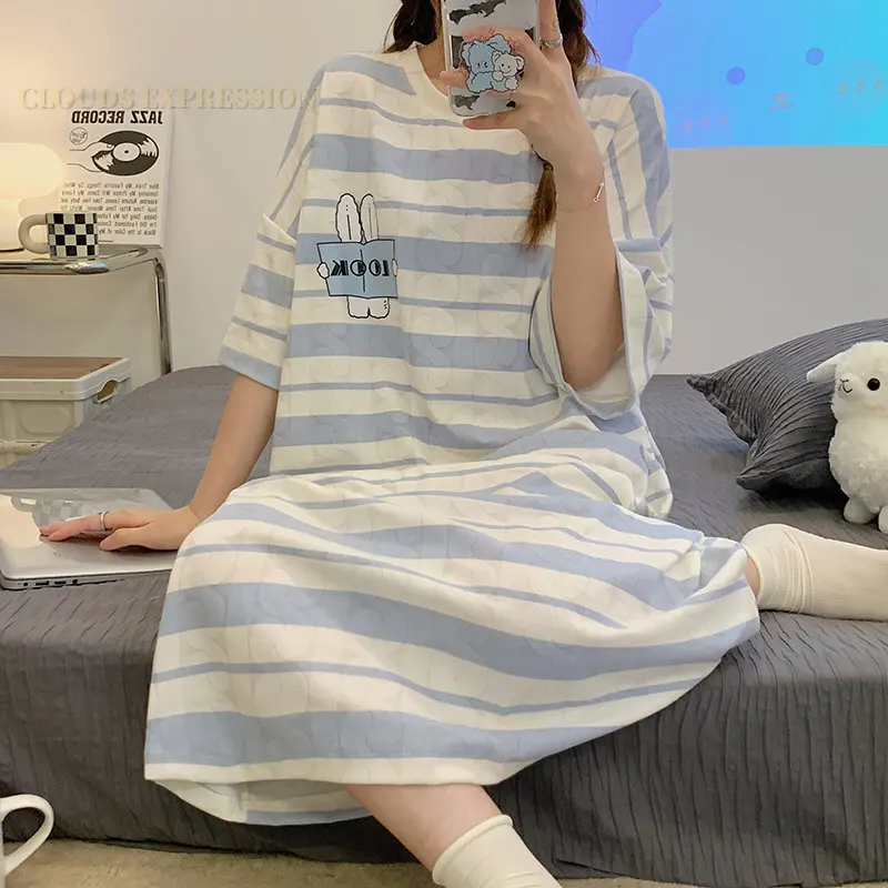 Summer Knitted Cotton Jacquard Kawaii Girls Striped Sleep Dress Women Nightgowns Nighttie Sleepshirts Lady Dresses Home Fashion