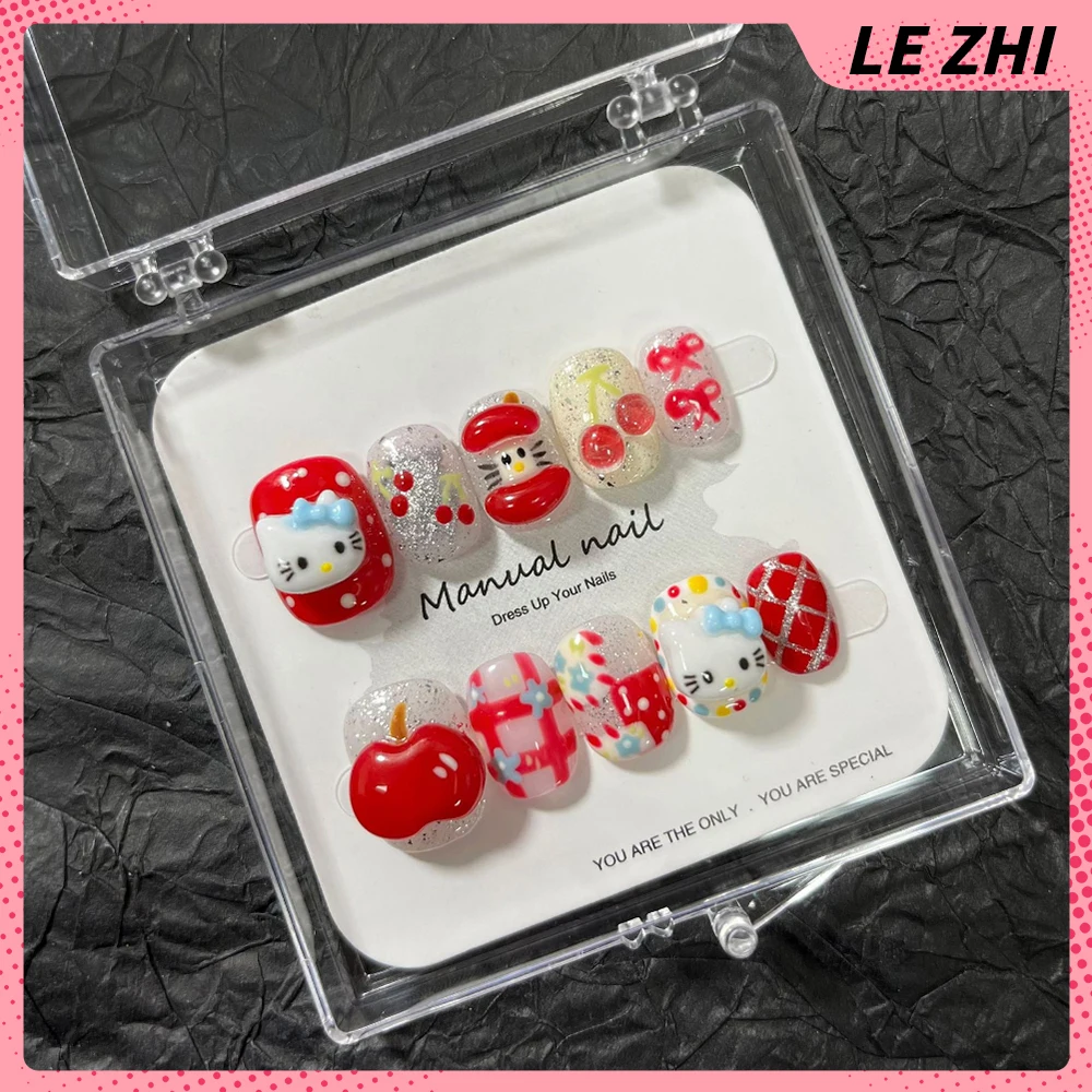 Kawaii Sanrio Hello Kittys Короткие квадратные круглые носимые ногти ручной работы с мультяшным кроликом, собакой, медведем, белкой, бантом, накладными ногтями