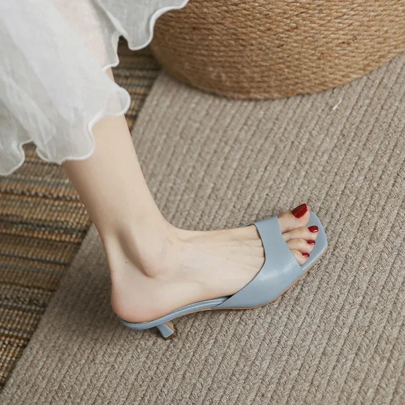 Size 34-40 Women Heeled Mules Sandals Soft Leather High Heels Summer Shoes For Women Slippers Vintage Open Toe Slides