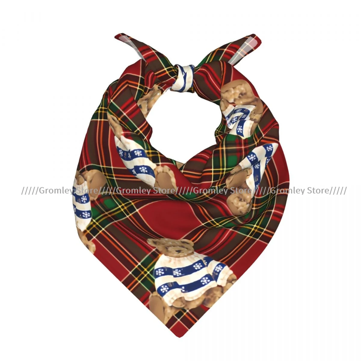 

Cute Bear With Plaid Christmas Print Square Scarf Soft Breathable Daily Kerchief