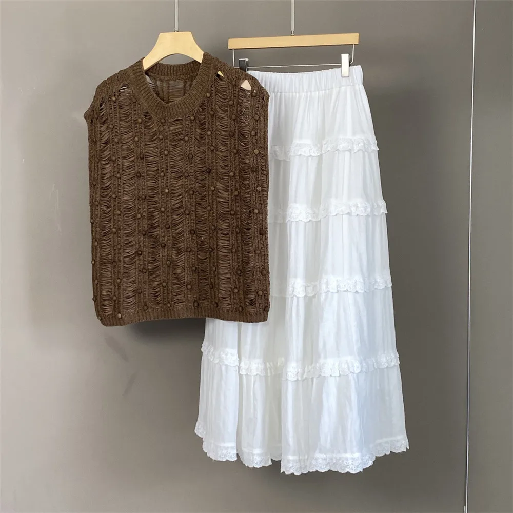 

25 Spring/Summer New Women's Casual Versatile Solid Color Lace Elastic Waist Skirt