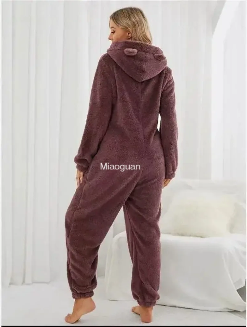 Fashion Autumn Winter New Jumpsuits with Zipper Female Sleepwear Overall  Hood Pajamas for Women\'s Warm Pyjamas Comfortable Lady