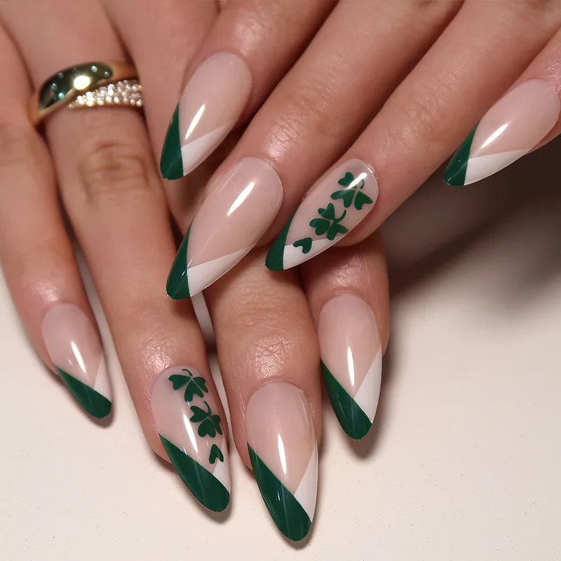 

3D fake nails for St. Patrick's Day simple green leaf designs french almond tips DIY manicure supplies press on false nail kit