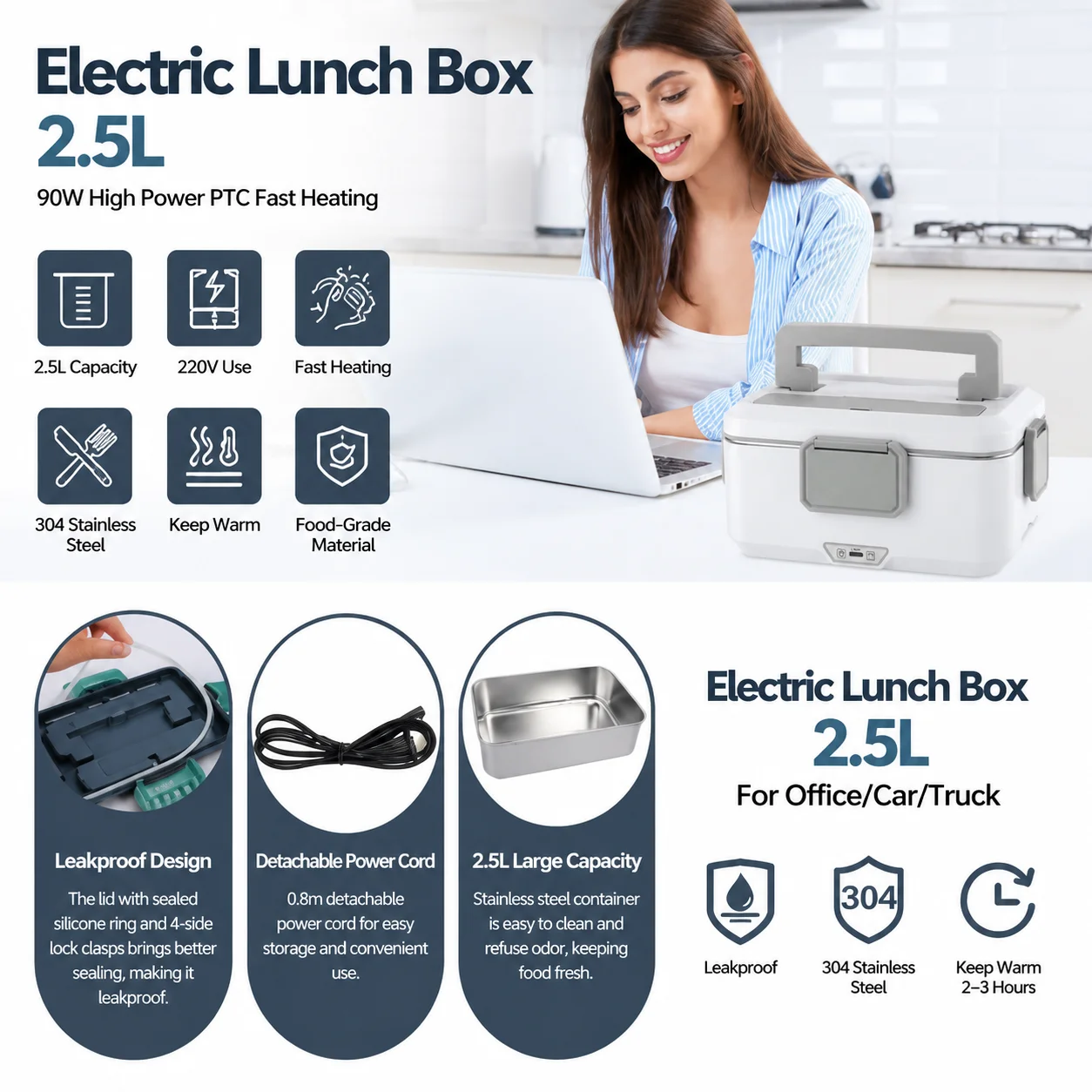 2,5L Elektrische Lunchbox, 90W Schnellheizende Essenswärmer, 304 Edelstahl-Behälter, Tragbare Beheizte Bento-Box, EU-Standard 220V & 12V/24V für Auto, LKW, Zuhause, Büro, Reisen, mit Edelstahl-Gabel, Löffel & Isoliertasche – Detail 7