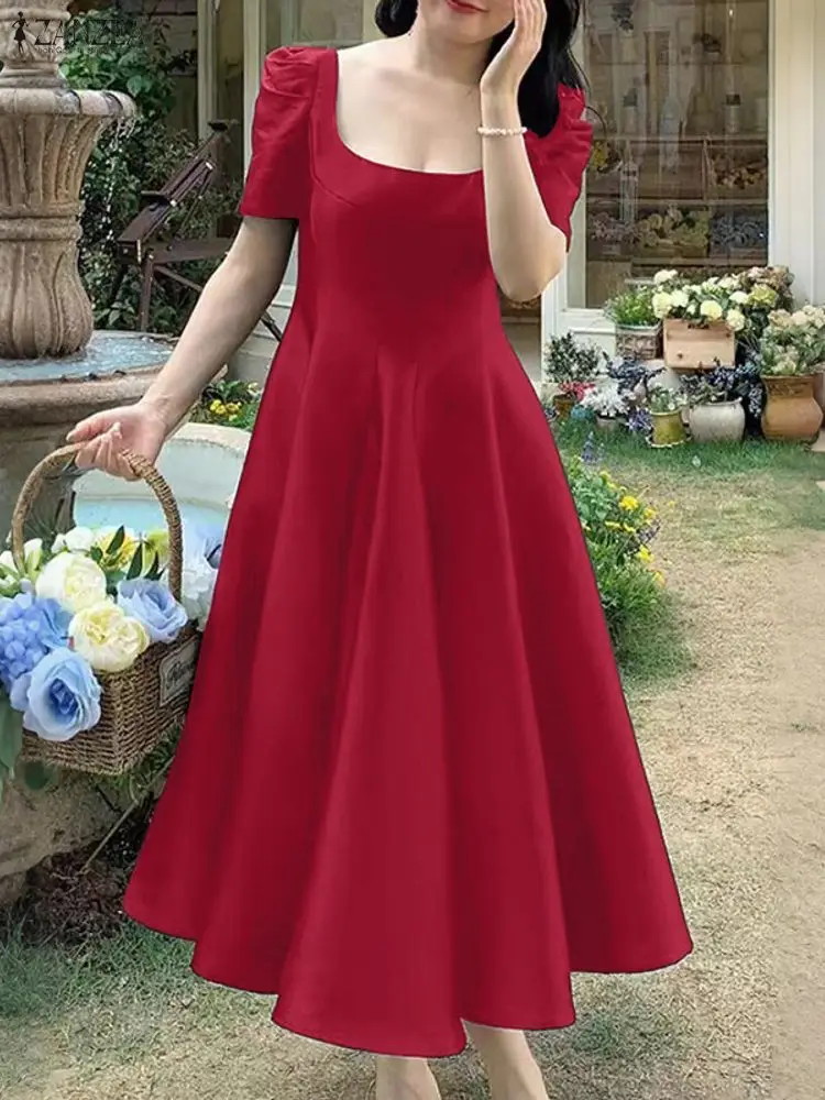 ZANZEA Elegante Abito per Party di Nozze Delle Donne di Raso di Seta Lungo Vestito Estivo 2026 Estate Manica Corta Colletto Quadrato Sexy Solido Vestido Robe