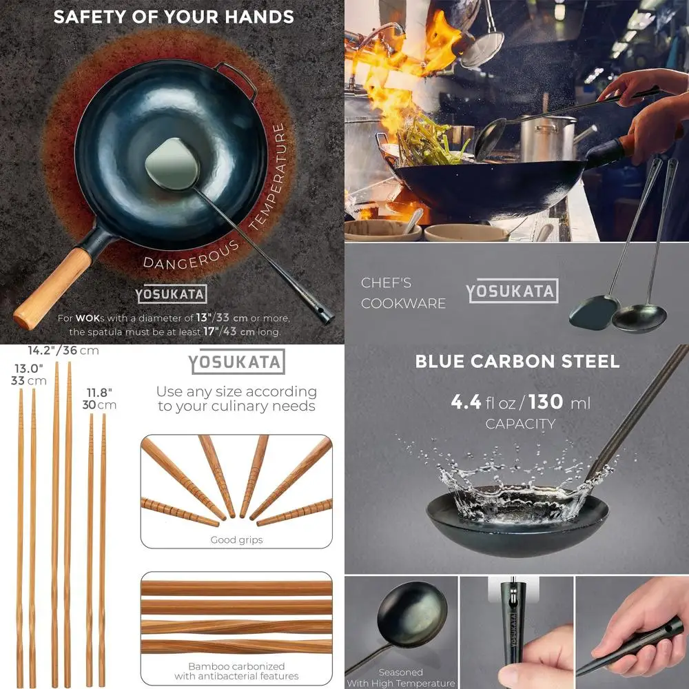 

Набор вок из синей углеродистой стали: 17, лопатка, ковш, 3 палочки для еды для аутентичной азиатской кухни