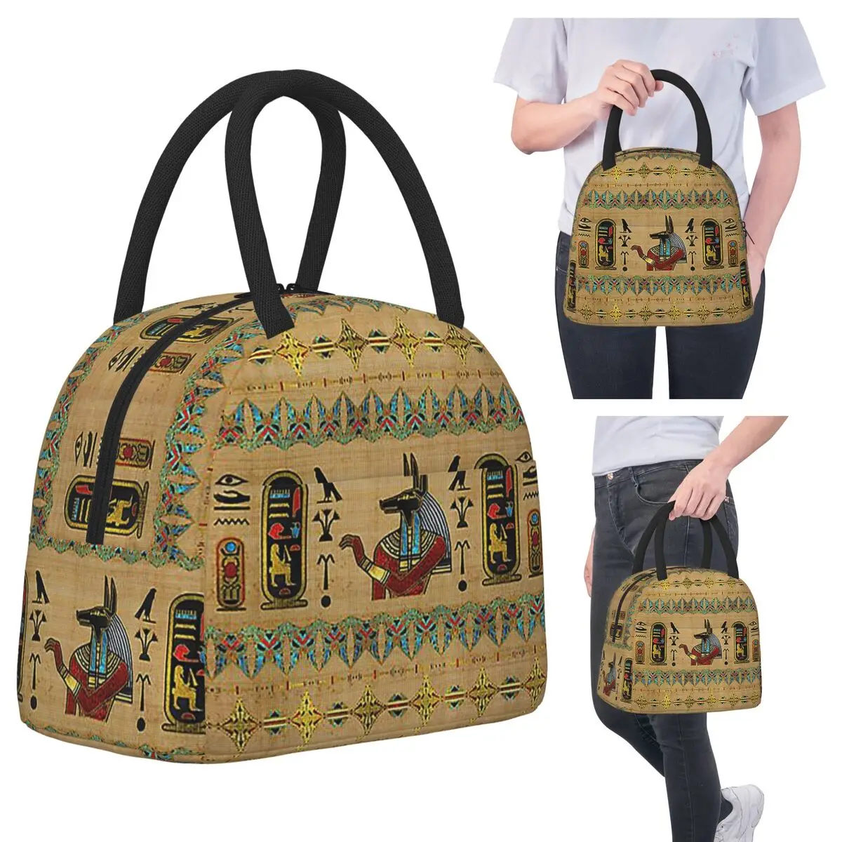 

Egyptian Anubis Ornament On Papyrus Insulated Lunch Bag for Kids School Thermal Food Box Tote Leakproof Lunch Boxes Container
