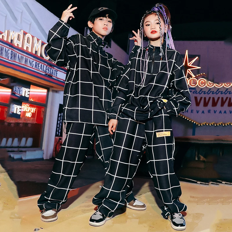 

Fashion Black Plaid Sweatshirt Pants Hip Hop Clothing Kids Stage Kpop Outfit Girls Jazz Costumes Boys Street Dancewear SL7699