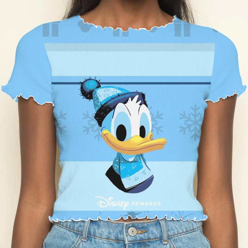 Donald Duck Crop Tops Sexys Short Sleeve Y2k T-shirts Disney T-shirt Lettuce Trim Summer Clothes Women 2024 Daisy Crew Neck Top