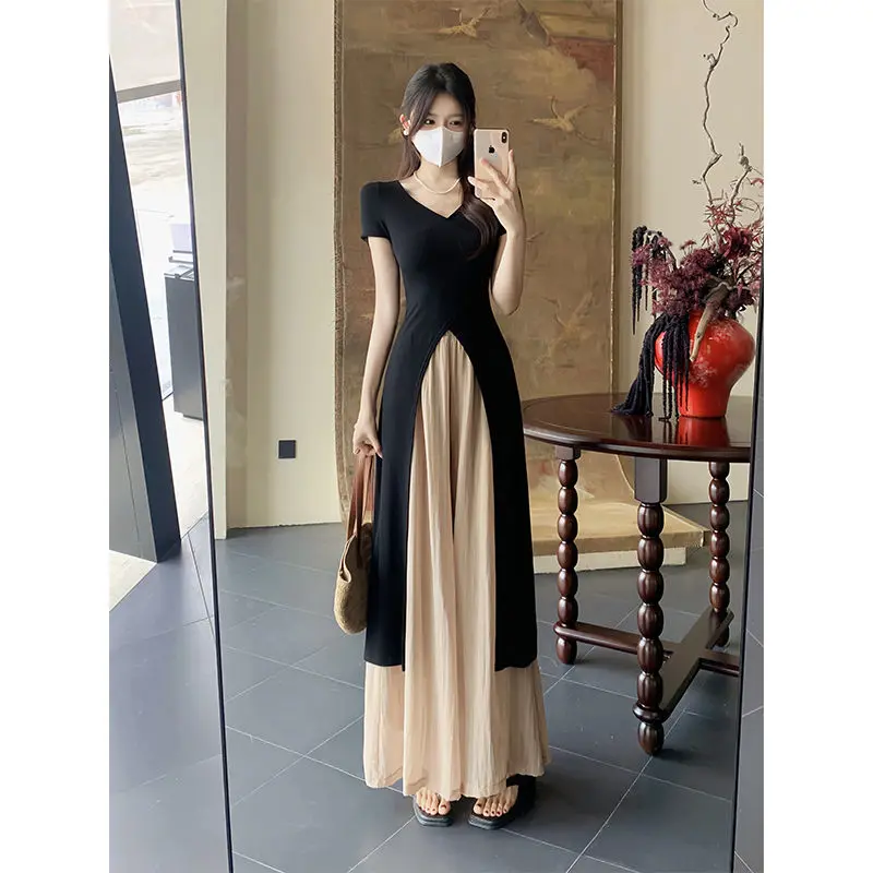 High End Hepburn Style Fashion Set for Women's Summer Black Split Top Versatile Slimming Casual Skirt Pants Two-piece Set