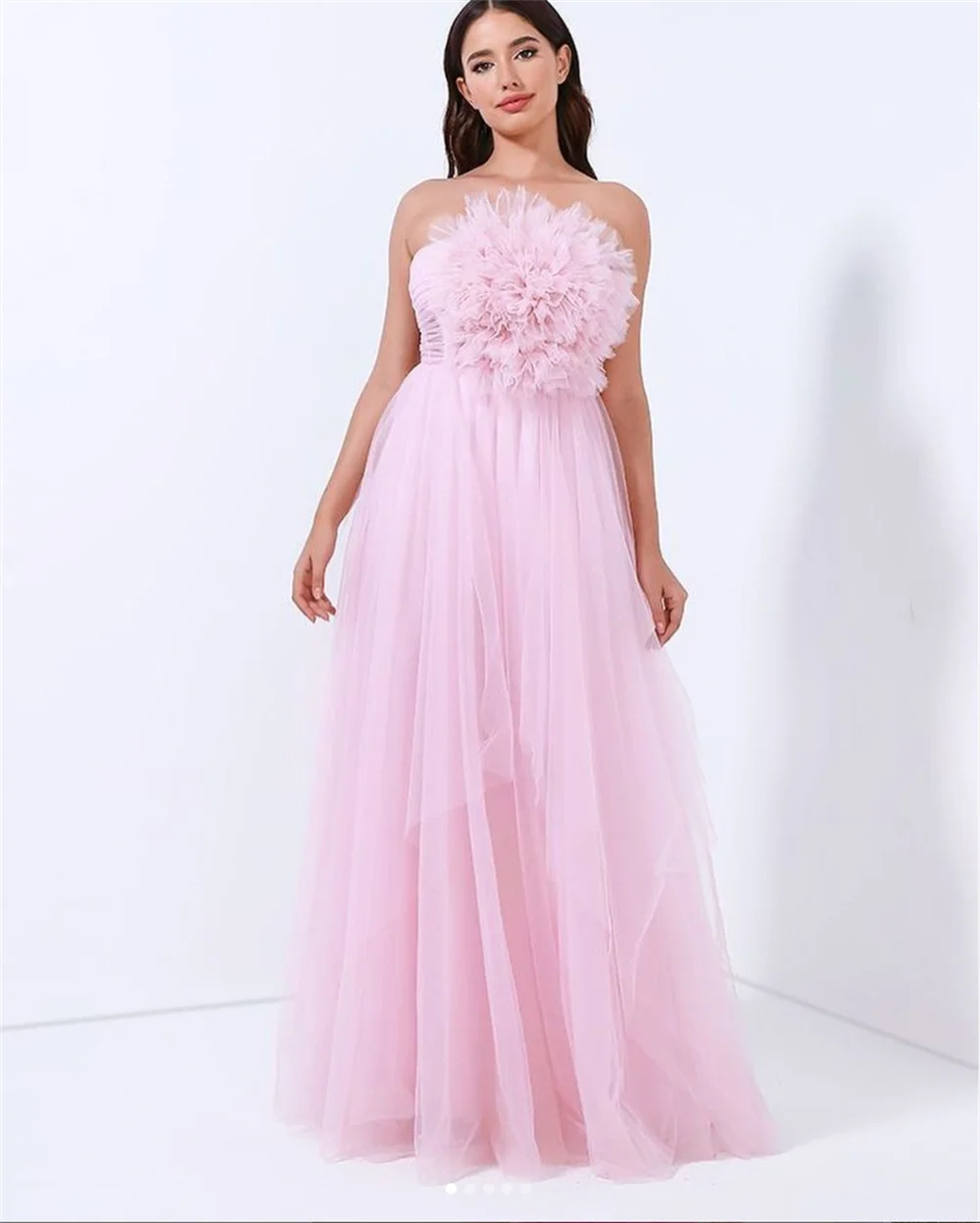 Pink Prom Strapless Dress, Gaze artesanal, Princesa Vestidos, Ocasiões formais, Vestido de festa de casamento