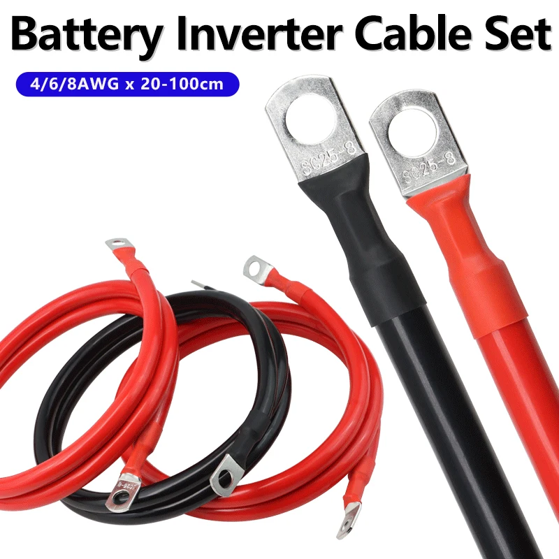 Câble de raccordement pour onduleur de batterie 8/6/4 AWG avec bornes 20/30/40/50/60/100 cm, cordon en cuivre toronné pour camping-car, fil de connexion solaire