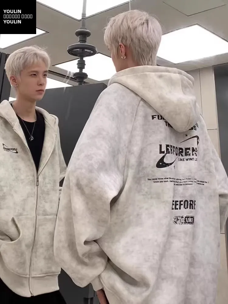 

Мужская толстовка-кардиган оверсайз с капюшоном на молнии в американском стиле, трендовая уличная одежда, весна-осень, для молодежи