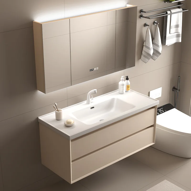 Light Luxury Smart Bathroom Cabinet Ceramic Integrated Washbasin Solid Wood Bathroom Vanity Cabinet with Sink Bathroom Furniture