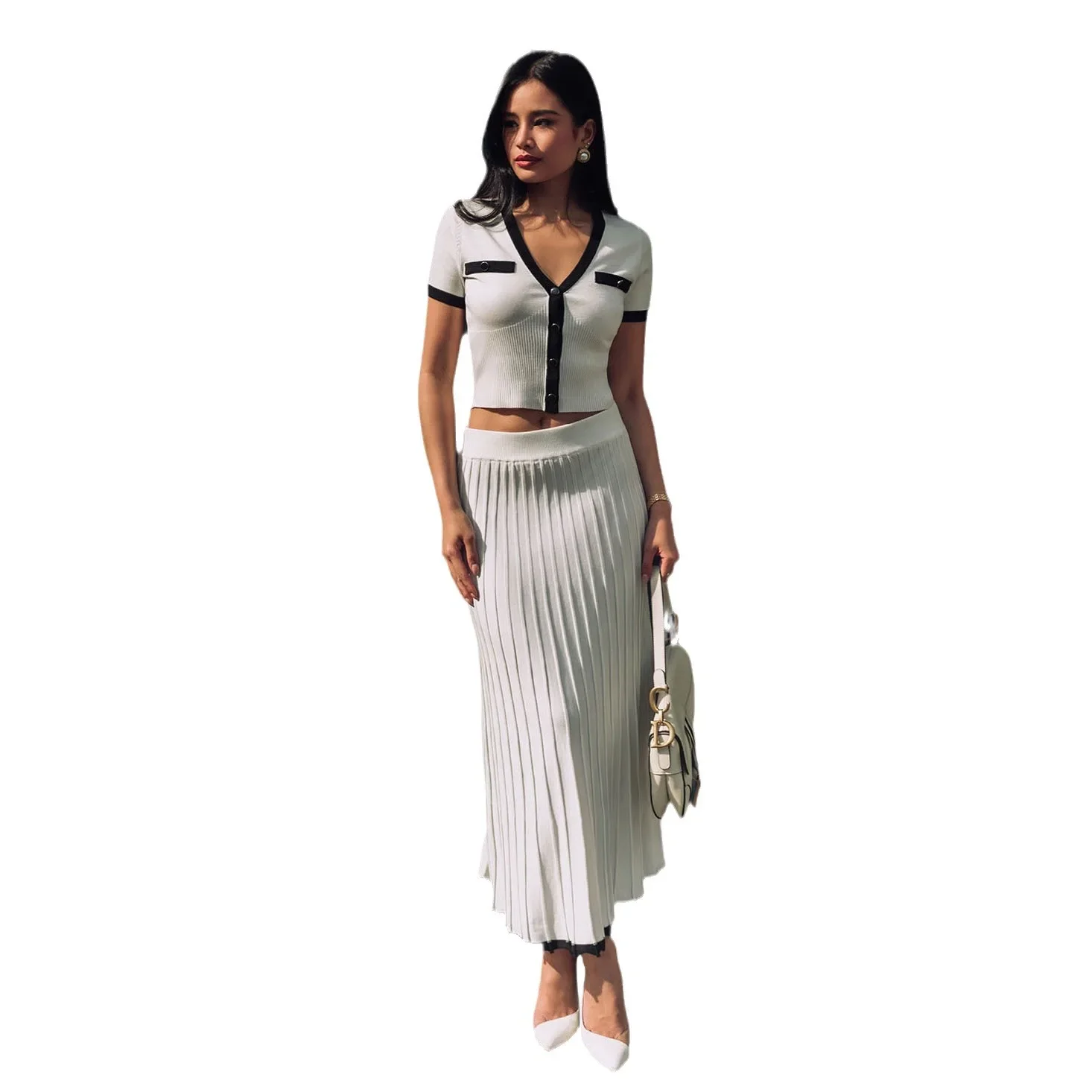 French Elegant Fashion Lady Knitted Medium And Long Skirt Short Sleeve Contrasting Color Splicing Casual Two Pieces Spring And S