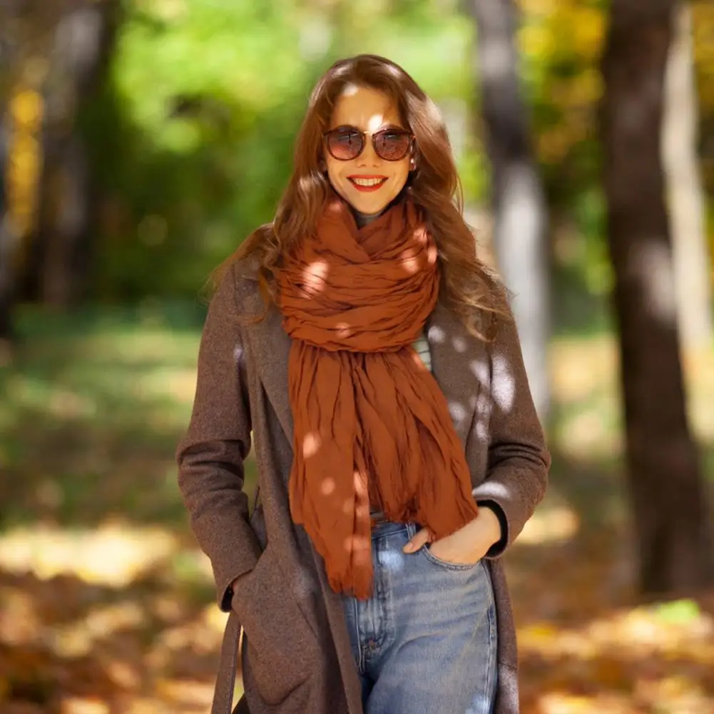 2026 Retro Women Scarf Thick Cotton Solid Color Pleated Autumn Winter Warm Long Scarf Soft Vintage Inspired Scarf