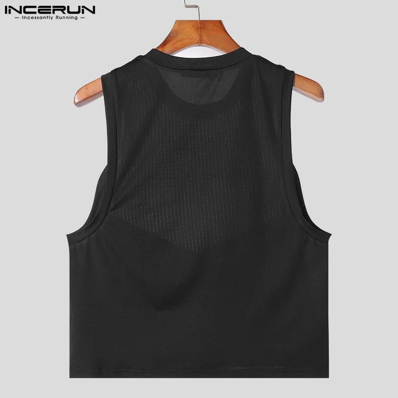 INCERUN Tops 2024 Korean Style Fashion New Men O-neck Patchwork Mesh Vests Summer Streetwear Hot Sale Sleeveless Tank Tops S-5XL