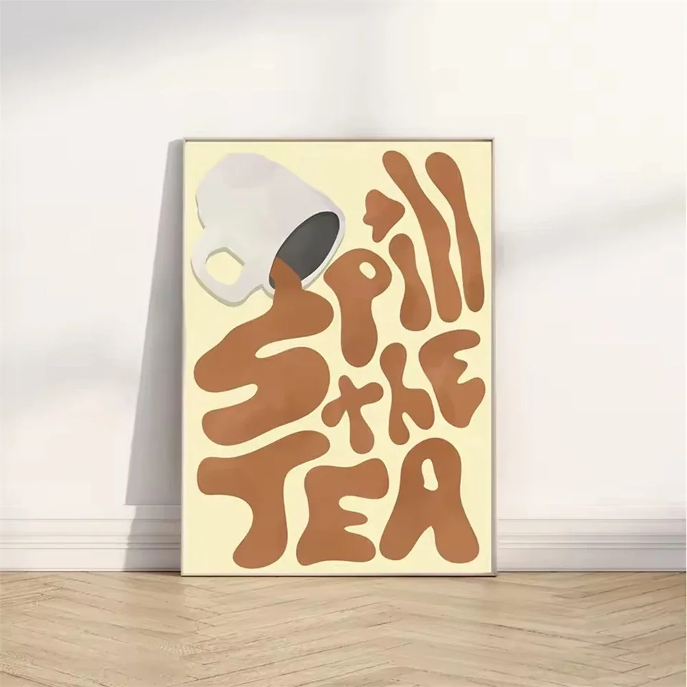 Black Brown Spill The Tea Wall Art Fancy A Cuppa Print Funky Groovy Retro Novelty Kitchen Poster Canvas Painting Bauhaus Decor