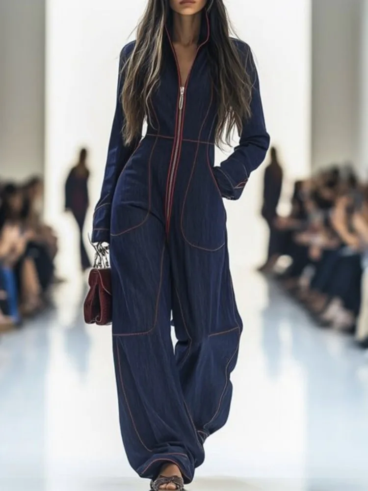 Freeacy Women's Navy Denim Jumpsuit Red Contrast Stitching Zippered Wide Leg One-piece Suit Loose Fit Casual Coveralls - Image 2