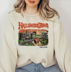 Halloween Town Print Pullover Sweatshirt lässig Langarm Sweatshirt mit Rundhals ausschnitt für Herbst Winter Damen bekleidung