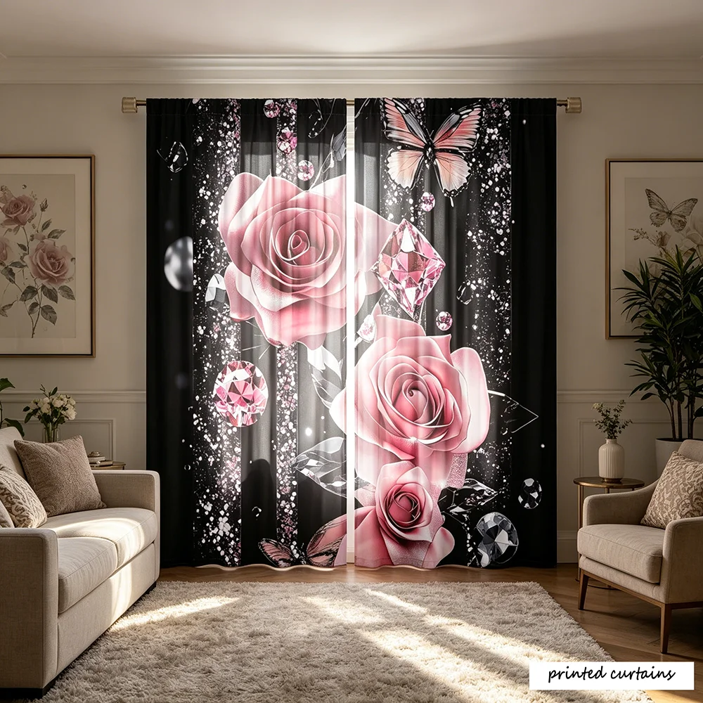 2-Piece Set Black Tulle Curtains with Vertical Silver Pink Stripes Sparkling Stars 3 Soft Pink Roses Layered Petals Pink/Transpa