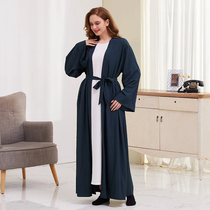 سترة كيمونو برباط للنساء عبايات كيمونو متواضعة إسلامية مغربية دبي موضة غير رسمية مفتوحة عباية ساتان كوربان عيد الأضحى 2024