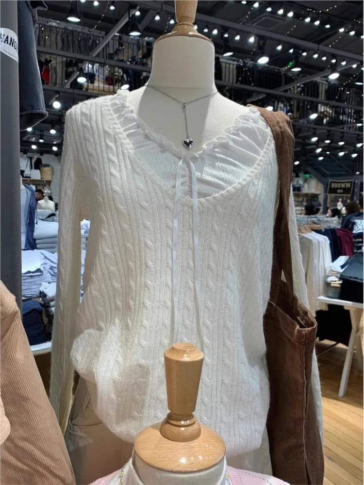 Beige Twisted Flower Thin Knitted Sweater Women Preppy Style V-Neck Long Sleeve Jumpers Spring Sweet Cute Sweater Y2K Tops New