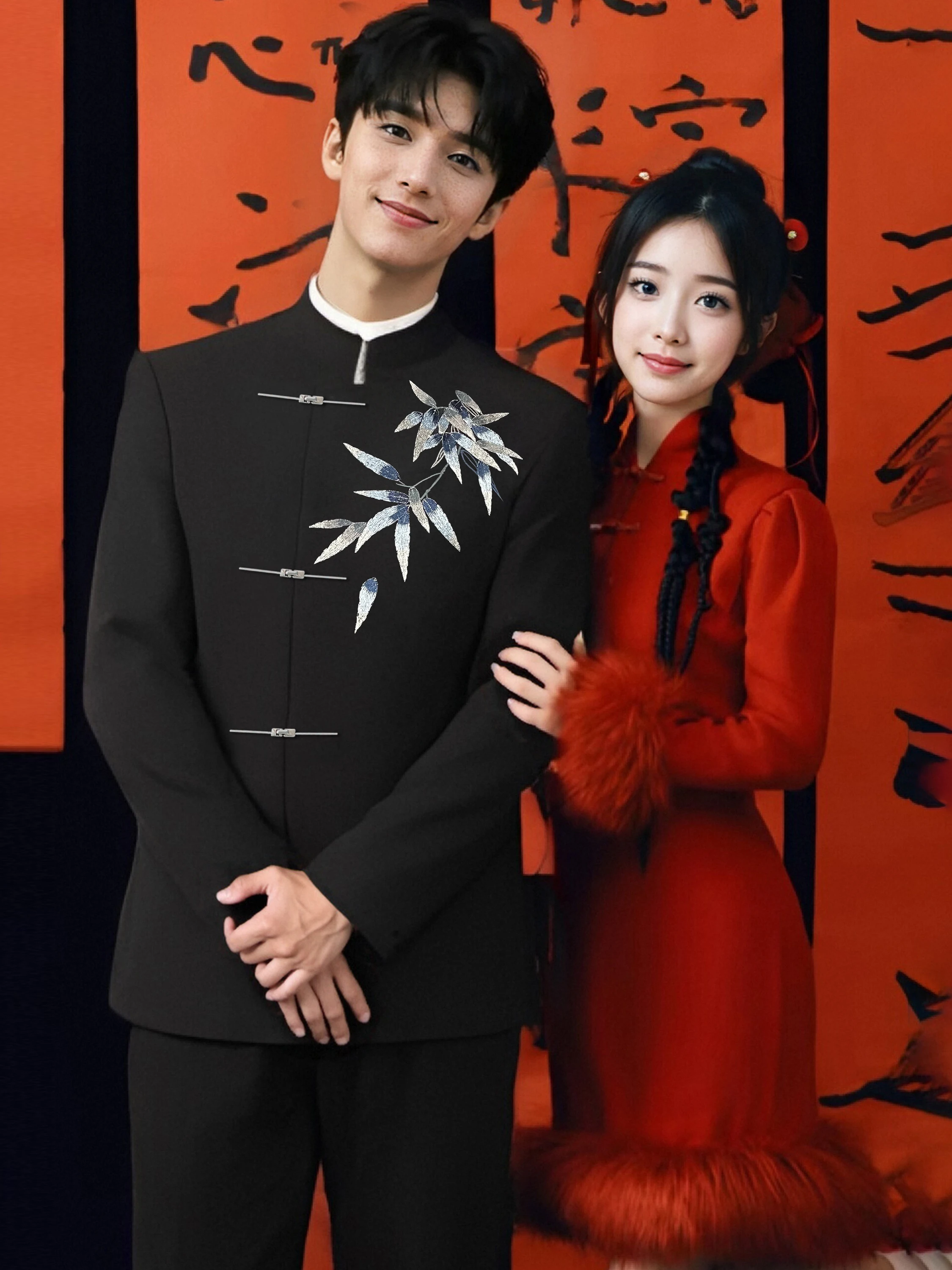 

Ele Bamboo Embroidered Stand Collar Men's Suit Jaet Casual Western Sle Outerwear Set New Chinese Faion Formal Wear