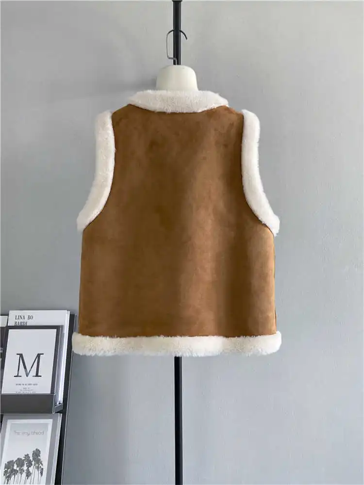 Fashion Real Wool Women's Vest Autumn/Winter New Single Breasted Double Sided Wearable Fur Waistcoat Motorcyle Style Warm Tops