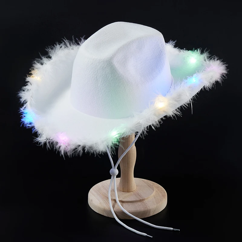 Combhasaki Feather Trim Cowboy Hats with Colorful LED Light Fun Club Party Disco Pink Cowgirl Hat for Women Men