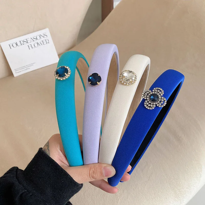 Korean Style Simple Dreamy Blue Thin-Edged Headband Diamond-Embedded Elegant High Skull Top hairhoop Sponge Hairpin Headdress