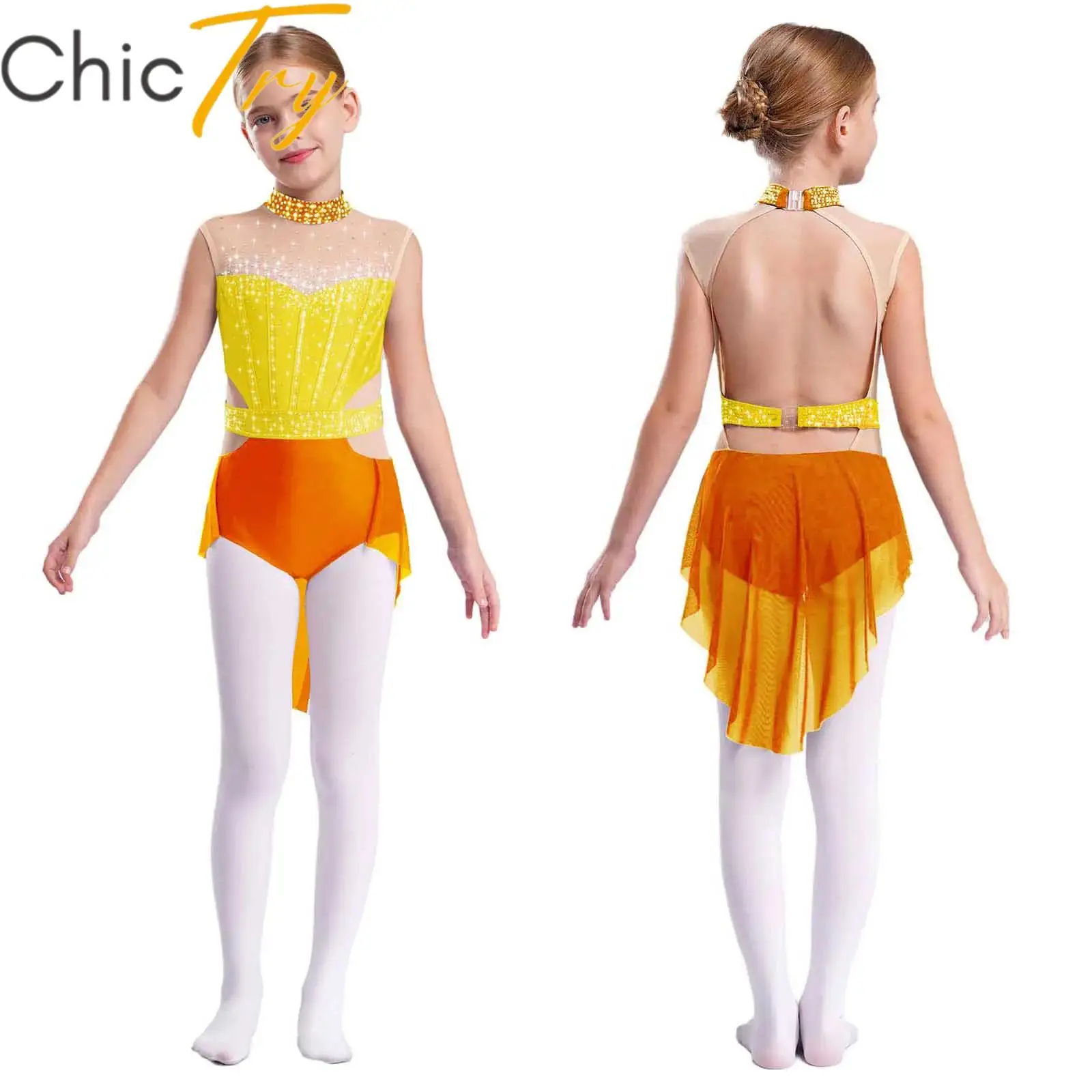 

Kids Girls Ballet Gymnastics Dress Lyrical Dancewear Rhinestones Mesh Skirted Leotard Figure Ice Skating Ballerina Stage Costume