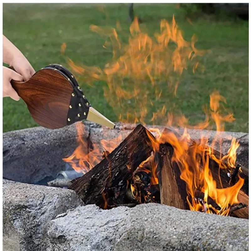 

Manual Wooden Bellows - Corrugated Fireplace Blower with Leather Tiger Design, Outdoor BBQ Tools Supply Handy Fire Blower