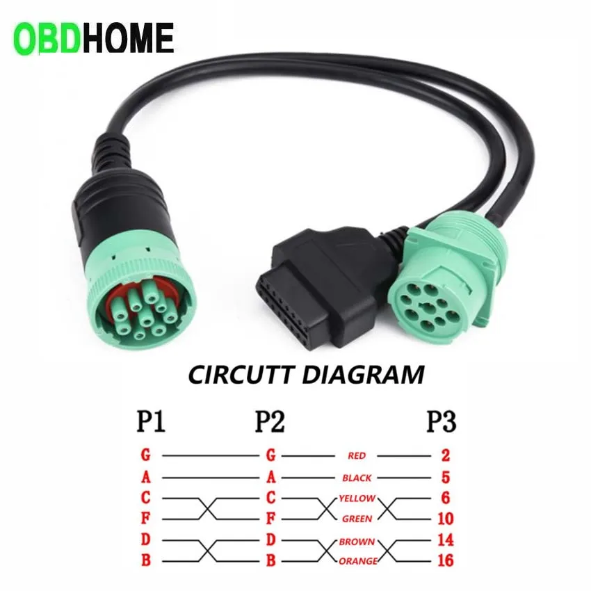 9 Pin To OBD2 Truck Y-Cable Adapter Female Plus Male Head 30cm OBDII 16Pin SAE J1939 for Cummins Diagnostic Plug Test Line 9pin