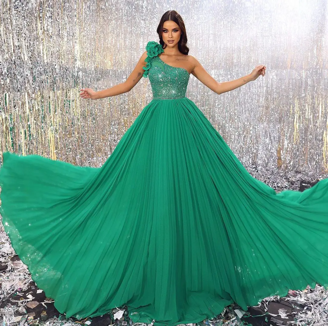 Elegant A-line Evening Dresses Bateau Sleeveless Sequins Beaded 3D Lace One Shoulder Ruffles Plus Size Prom Dresses Custom Made