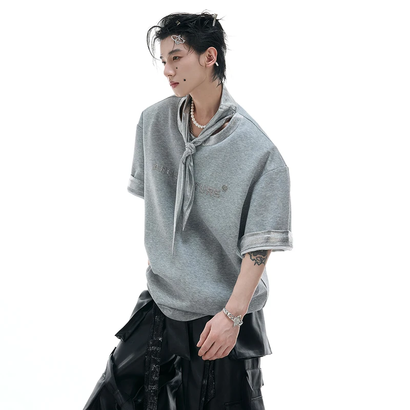 LUZHEN 2025 Summer High Quality Loose Shoulder Pad Short Sleeve T-shirts Men's Trendy Metal Color Splicing Design Tops JY1699