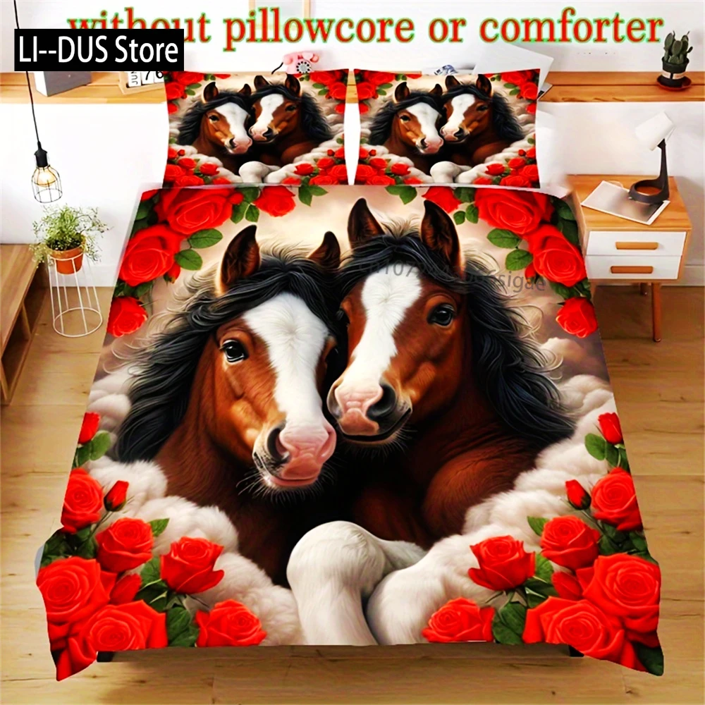 3D Animal Print Duvet Cover Set Horse And Rose Pattern Digital Print Bedding Set With Pillowcases (No Duvet Insert)  All Seasons