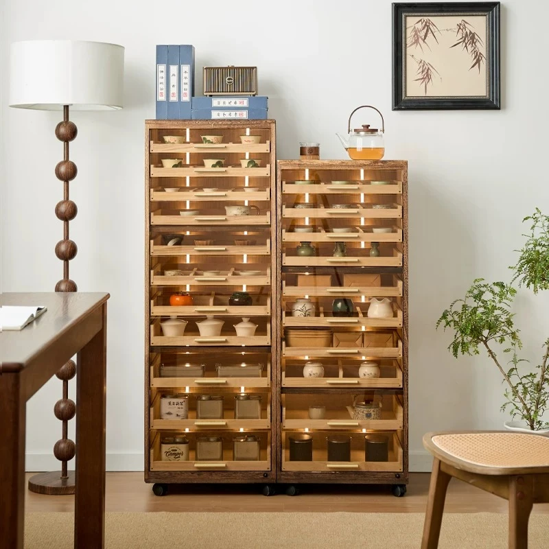 Solid wood Bogu rack with lamp sensor light cabinet shelf living room side cabinet tea set cabinet bracelet Wenwan storage