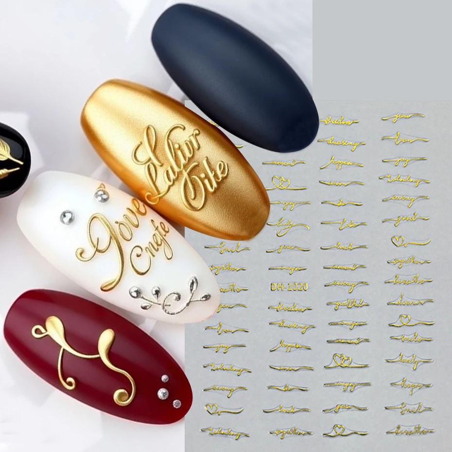 4 pcs 3D English Letter Nail Stickers Simple Artistic Lettering Love Heart Adhesive Charms for Nails DIY Characters Nail Decor