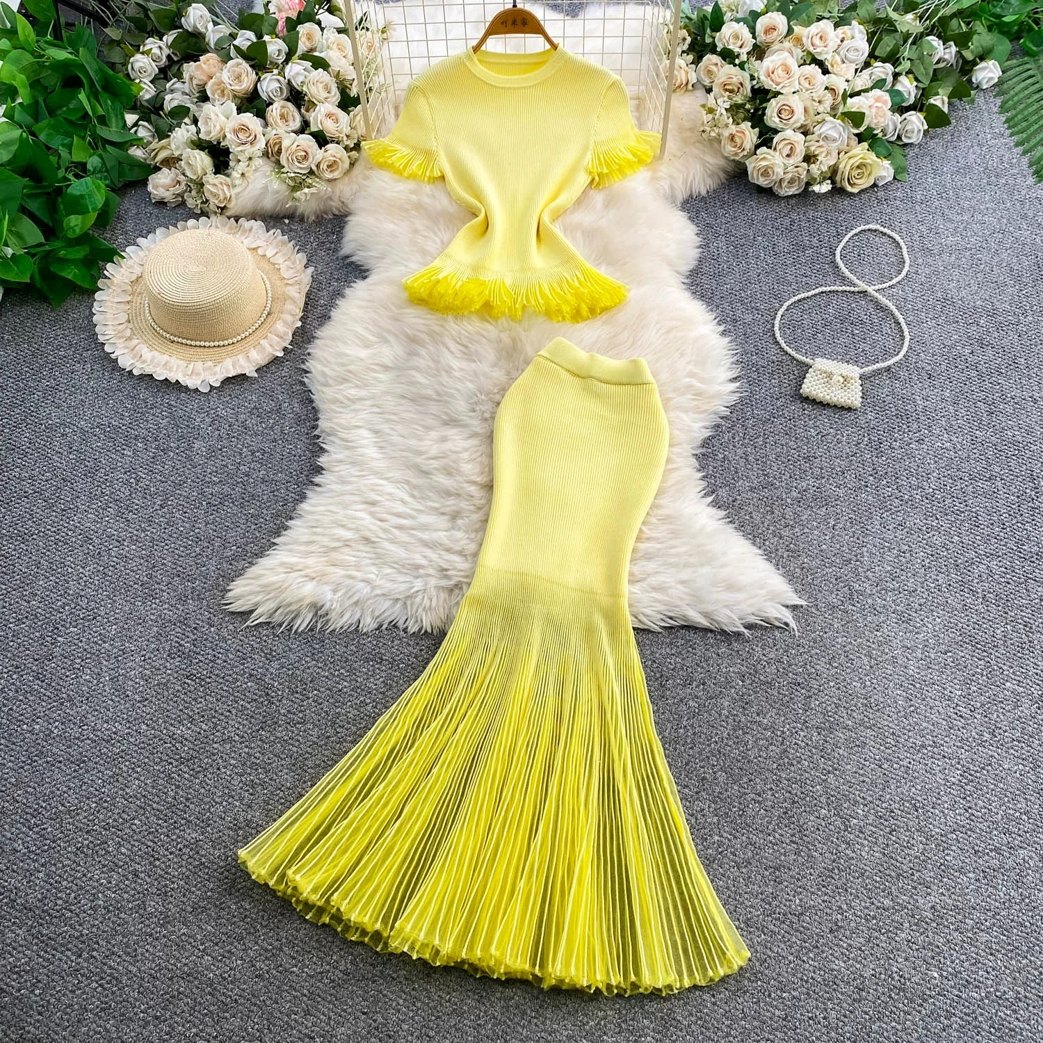 Women Knit 2 Piece Outfit V Neck Ruffles Long Sleeve CardiganTops High Waist Mermaid Maxi Skirt Knitted Suit Party Matching Set