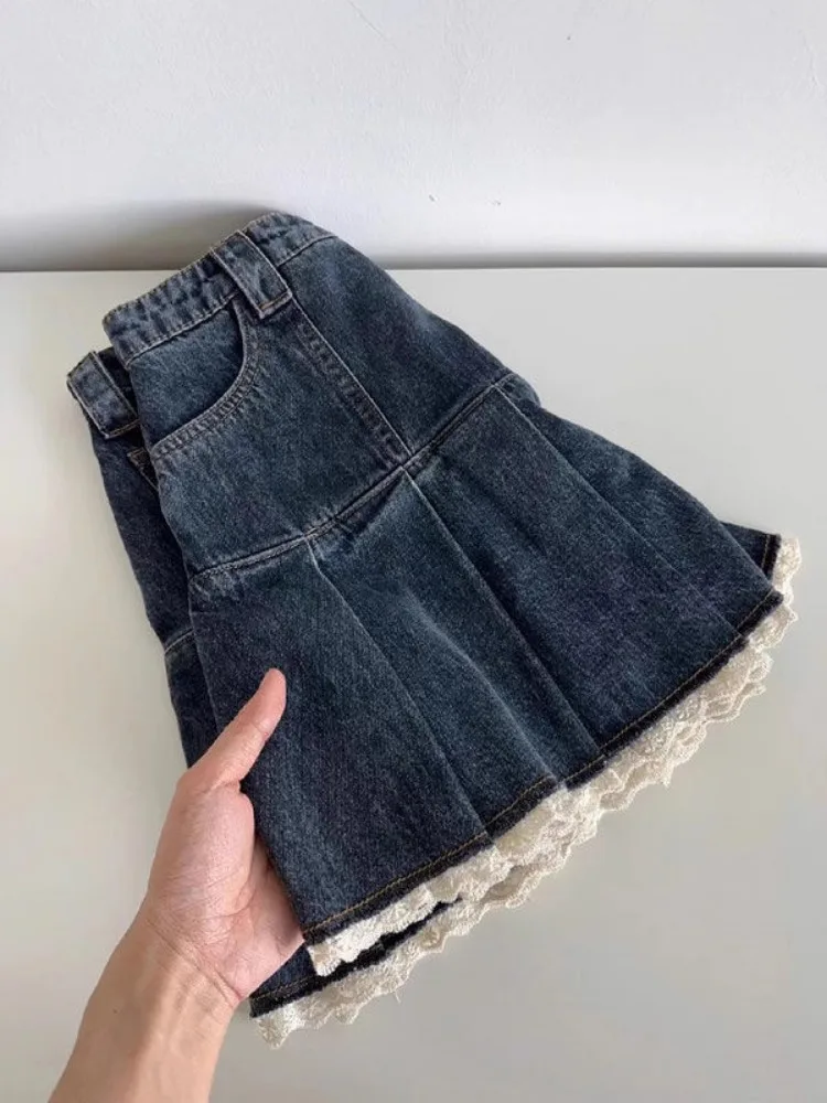 Vintage Lace Pleated Blue Denim Skirt Women Y2k Harajuku Mini Skirt Streetwear Spring Summer New A Line Tight 2000s Clothes