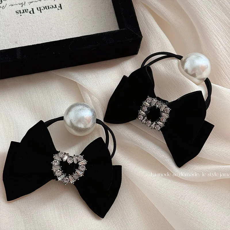 Retro Black Velvet Rhinestone Bow Pearl Hair Rope Elegant Hair Ring Back Head Low Hair Accessory for Ponytail Women