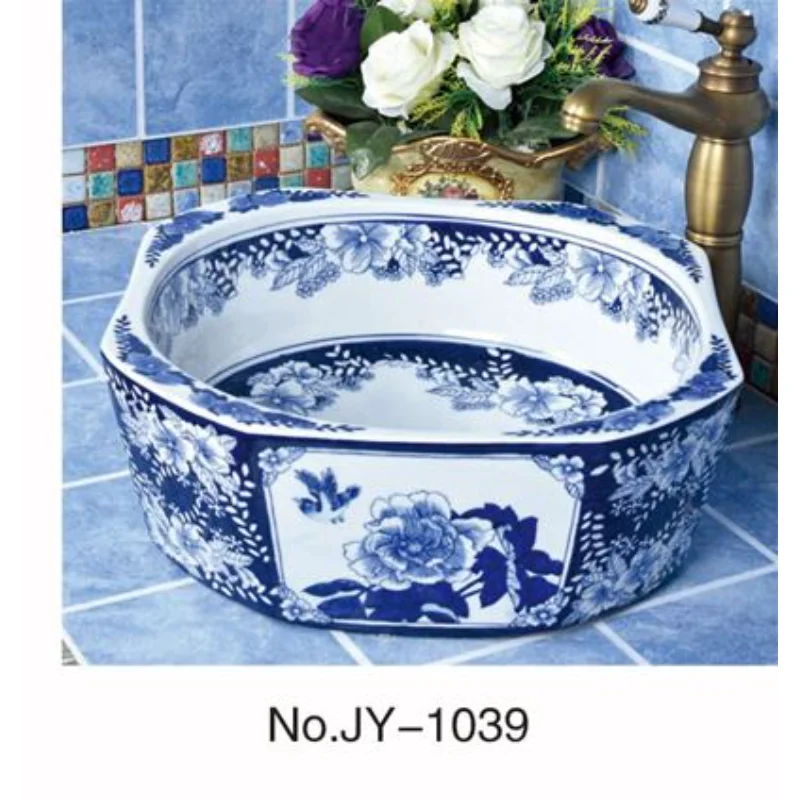 SJJY-1039-12 blue and white flower pattern square ceramic wash sink for washroom